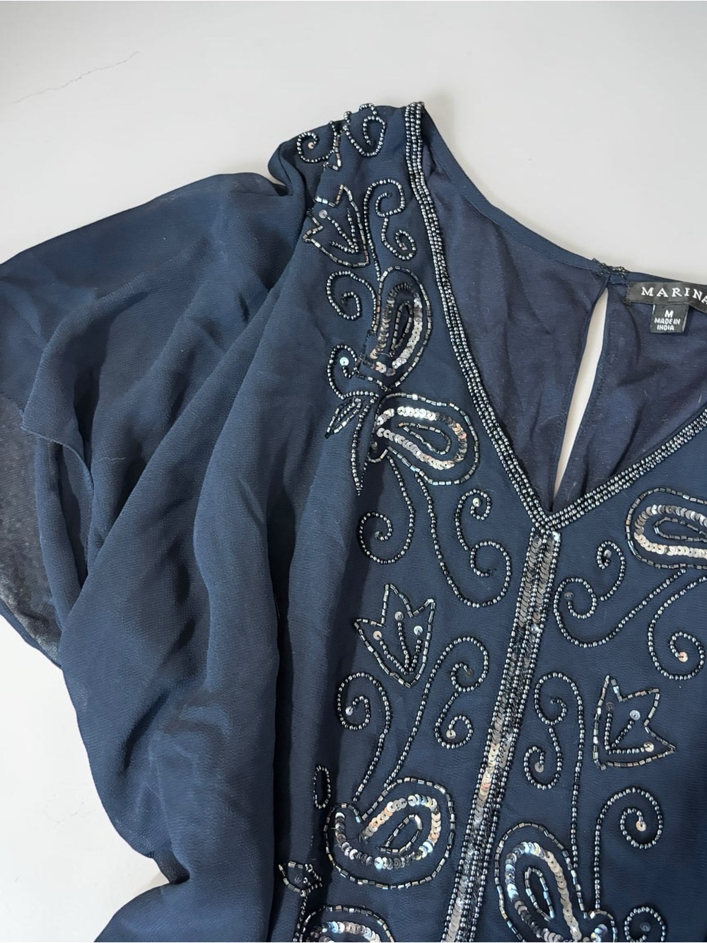 Marina Navy Sheer Beaded Sequin Tunic Top Bedazzled Y2K Glam M - Picture 3 of 12